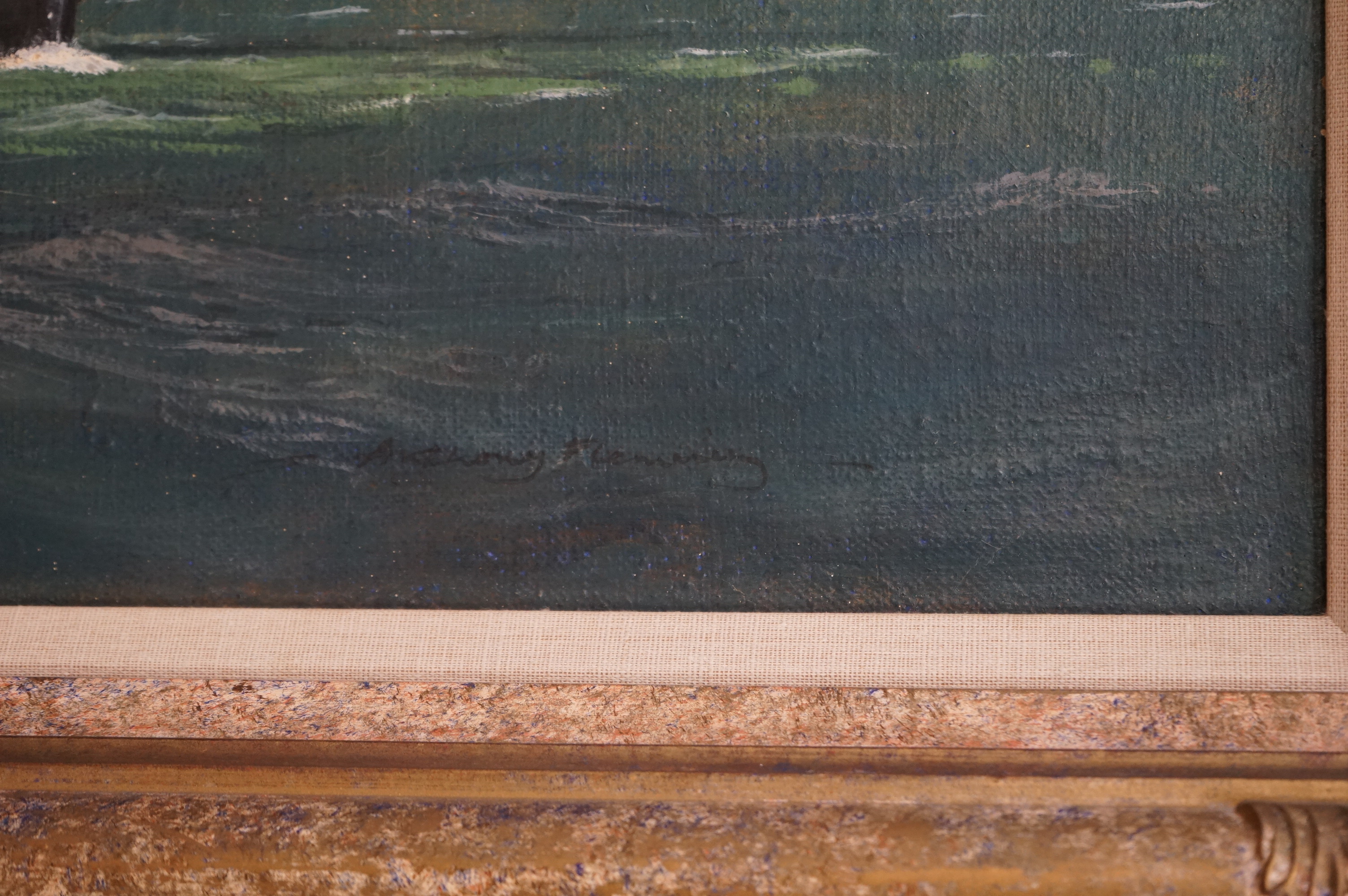 Anthony Flemming (Wapping Group, b.1936), maritime interest oil on canvas, ‘Swale Match, Passing Pollard Spit’, signed, 60 x 92cm, ornate frame